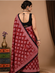 Pure Red Squares Handblock Print Cotton Mulmul Saree