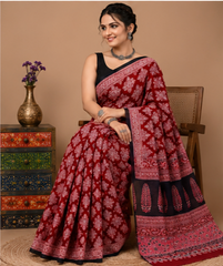 Pure Red Squares Handblock Print Cotton Mulmul Saree