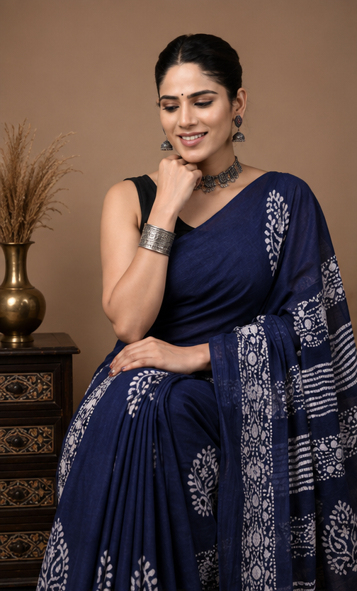 Pure Navy Blue Handblock Print Cotton Mulmul Saree