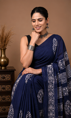 Pure Navy Blue Handblock Print Cotton Mulmul Saree