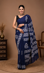 Pure Navy Blue Handblock Print Cotton Mulmul Saree