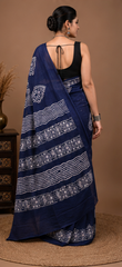 Pure Navy Blue Handblock Print Cotton Mulmul Saree