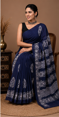 Pure Navy Blue Handblock Print Cotton Mulmul Saree