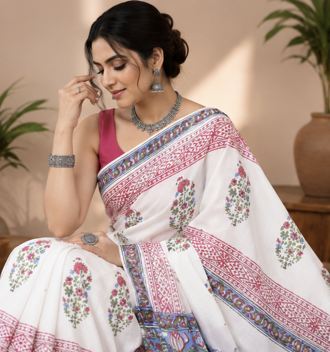 Pure White Handblock Print Cotton Mulmul Saree