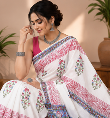Pure White Handblock Print Cotton Mulmul Saree
