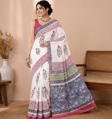 Pure White Handblock Print Cotton Mulmul Saree