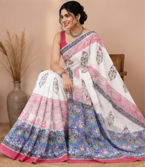 Pure White Handblock Print Cotton Mulmul Saree