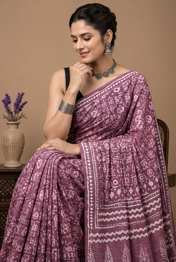 Pure Purple Handblock Print Cotton Mulmul Saree