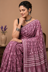 Pure Purple Handblock Print Cotton Mulmul Saree