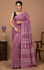 Pure Purple Handblock Print Cotton Mulmul Saree