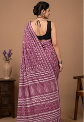 Pure Purple Handblock Print Cotton Mulmul Saree