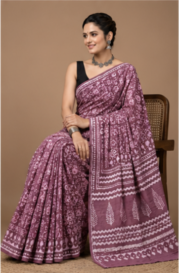 Pure Purple Jaipuri Handblock Print Cotton Mulmul Saree