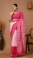 Pure Pink Handblock Print Cotton Mulmul Saree