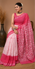 Pure Pink Handblock Print Cotton Mulmul Saree