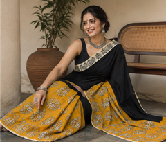 Pure Black Gold Handblock Print Cotton Mulmul Saree