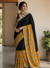 Pure Black Gold Handblock Print Cotton Mulmul Saree