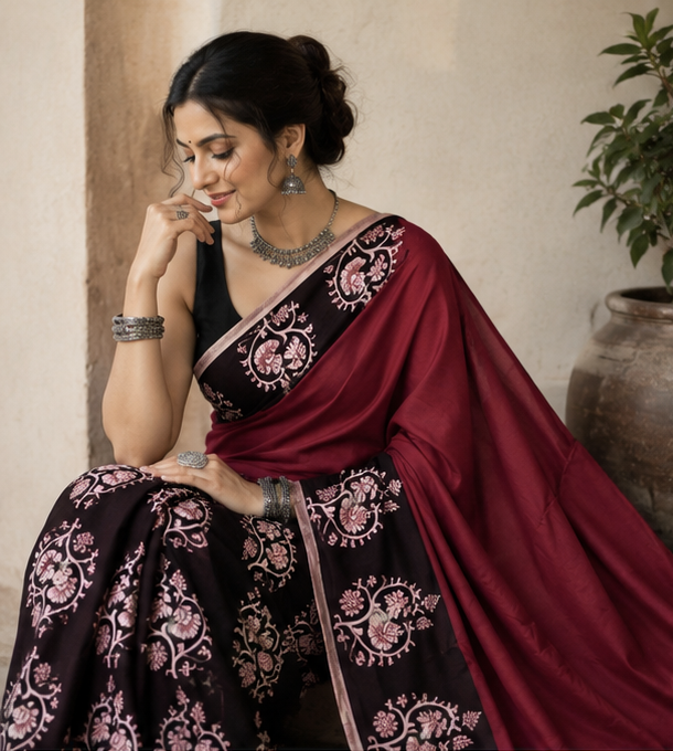 Pure Black Bush Handblock Print Cotton Mulmul Saree
