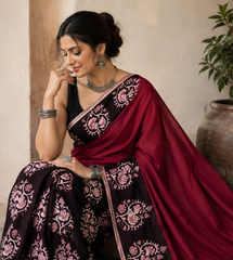 Pure Black Bush Handblock Print Cotton Mulmul Saree