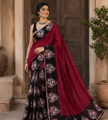 Pure Black Bush Handblock Print Cotton Mulmul Saree