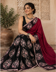 Pure Black Bush Handblock Print Cotton Mulmul Saree