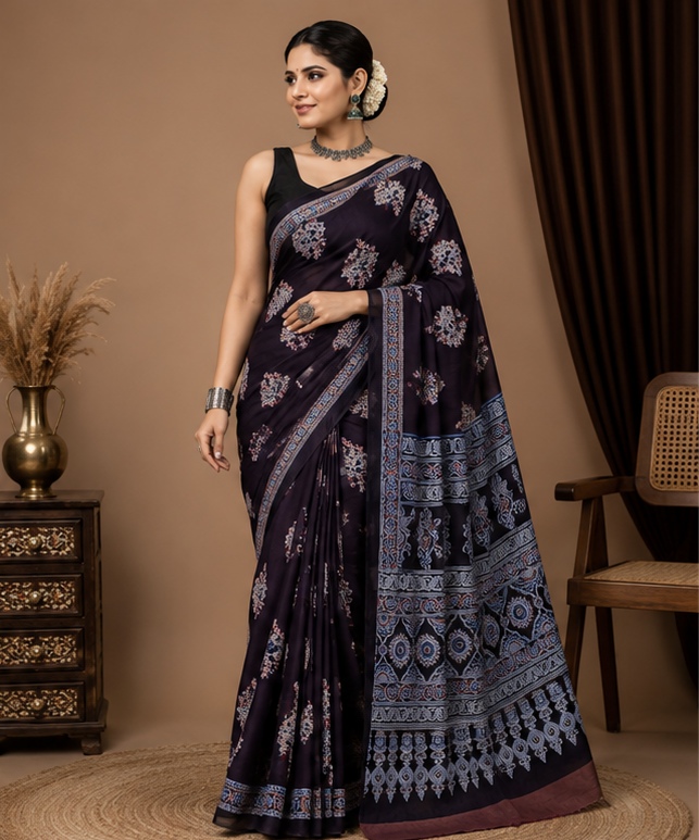 Pure Black Handblock Print Cotton Mulmul Saree