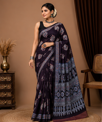 Pure Black Handblock Print Cotton Mulmul Saree