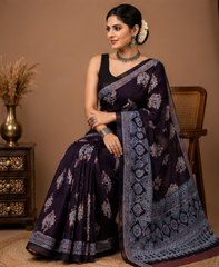 Pure Black Handblock Print Cotton Mulmul Saree