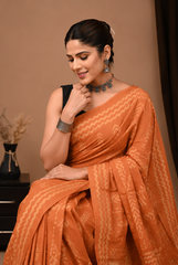Pure Orange Handblock Print Cotton Mulmul Saree