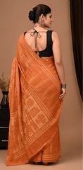 Pure Orange Handblock Print Cotton Mulmul Saree