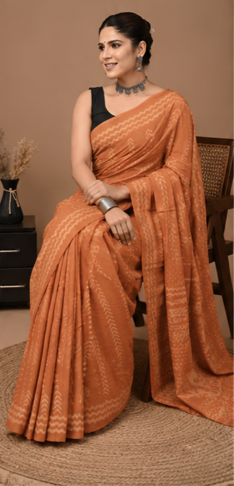 Pure Orange Handblock Print Cotton Mulmul Saree