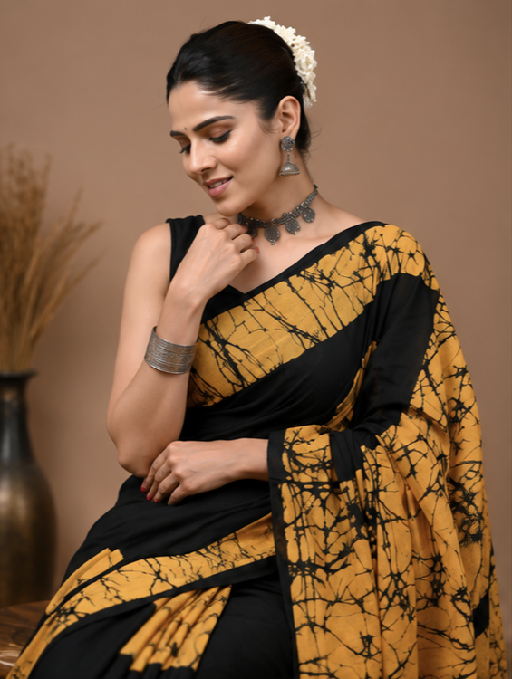 Pure Black-Yellow Handblock Print Cotton Mulmul Saree