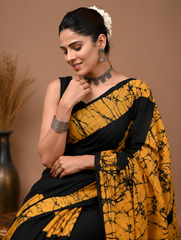 Pure Black-Yellow Handblock Print Cotton Mulmul Saree