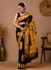 Pure Black-Yellow Handblock Print Cotton Mulmul Saree