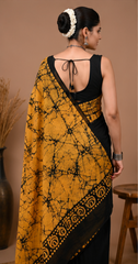 Pure Black-Yellow Handblock Print Cotton Mulmul Saree