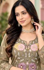 Women Grey Premium Mul Chanderi Embroidery Kurta Pant and Dupatta set