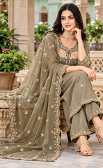 Women Grey Premium Mul Chanderi Embroidery Kurta Pant and Dupatta set