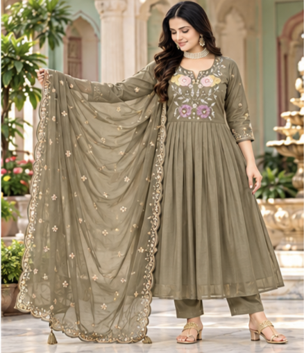 Women Grey Premium Mul Chanderi Embroidery Kurta Pant and Dupatta set