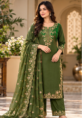 Women Green Premium Roman Silk Embroidery Kurta Pant and Dupatta set