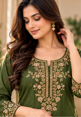 Women Green Premium Roman Silk Embroidery Kurta Pant and Dupatta set