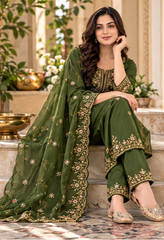 Women Green Premium Roman Silk Embroidery Kurta Pant and Dupatta set