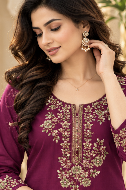 Women Magenta Premium Roman Silk Embroidery Kurta Pant and Dupatta set