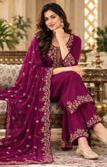 Women Magenta Premium Roman Silk Embroidery Kurta Pant and Dupatta set