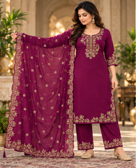 Women Magenta Premium Roman Silk Embroidery Kurta Pant and Dupatta set