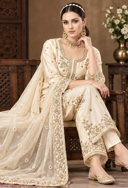Women Off-White Premium Roman Glass Embroidery Kurta Pant and Dupatta set