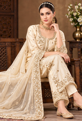 Women Off-White Premium Roman Glass Embroidery Kurta Pant and Dupatta set