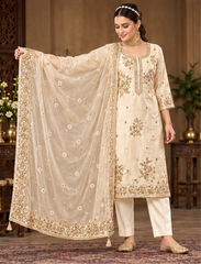 Women Off-White Premium Roman Glass Embroidery Kurta Pant and Dupatta set
