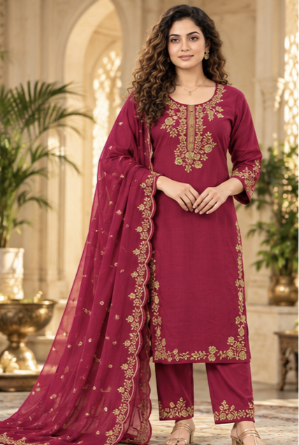 Women Pink Premium Roman Silk Embroidery Kurta Pant and Dupatta Set