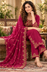 Women Pink Premium Roman Silk Embroidery Kurta Pant and Dupatta Set