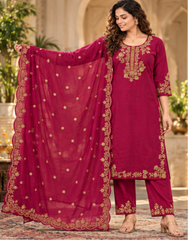 Women Pink Premium Roman Silk Embroidery Kurta Pant and Dupatta Set