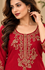 Women Red Premium Roman Silk Embroidery Kurta Pant and Dupatta set